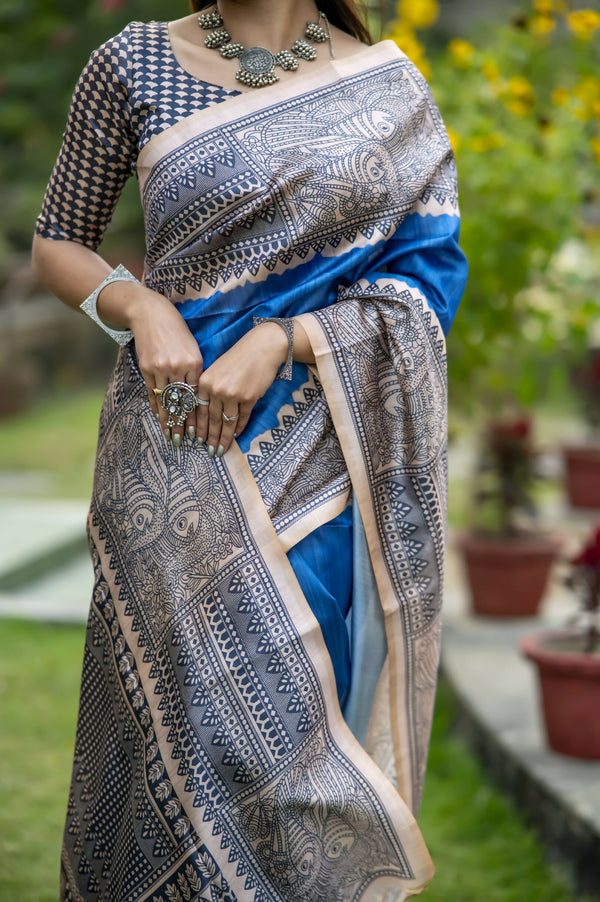 Vishnu Weaves Women's Blue Soft Tussar Silk Saree with Blouse - Distacart