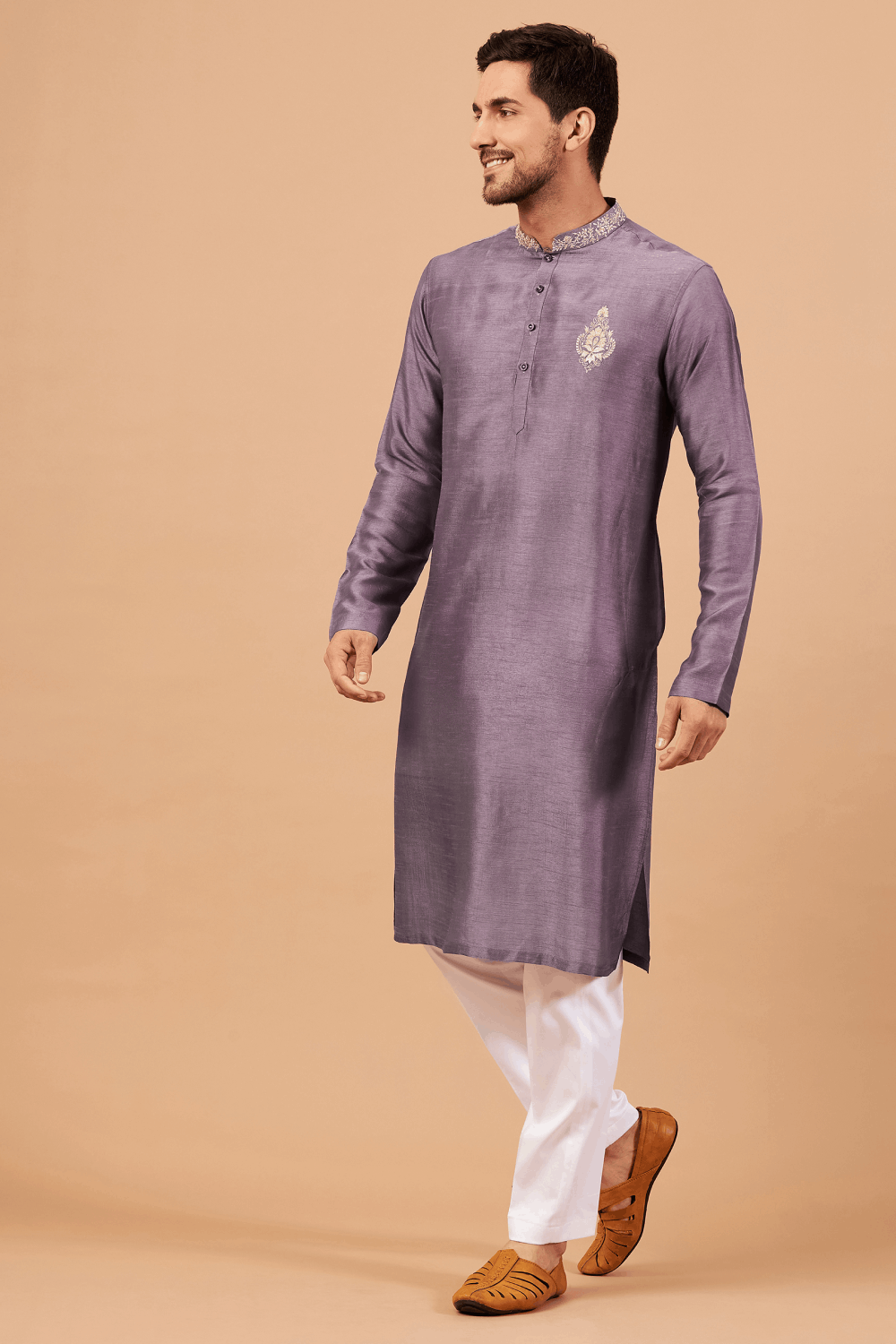 Inara Gold Embroidered Violet Kurta by Hilo Design - Distacart