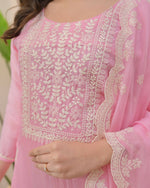 Thumbnail for The52 Pink Women's Beautiful Chikankari Work Chanderi Fabric Straight Kurta Pant and Dupatta Set - Distacart