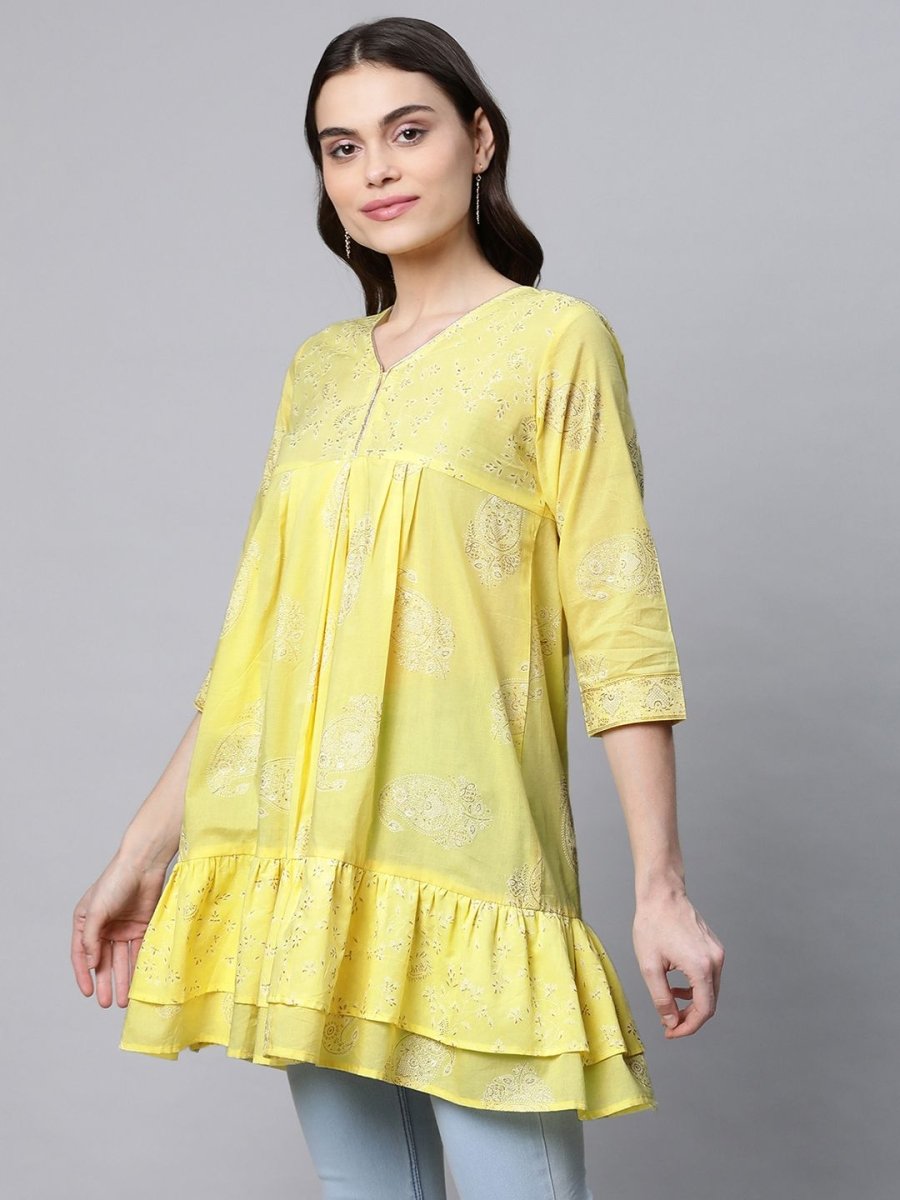 Ahalyaa Women Yellow Cotton Printed Tunic - Distacart