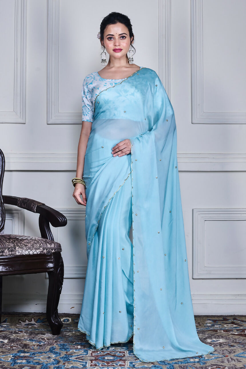 Morchari Blue Chiffon Hand Embroidery Saree And Stitched Blouse - Distacart