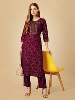 Thumbnail for Jyoti Fashion Women's Wine Viscose Rayon Embroidered Kurta Pant Set - Distacart