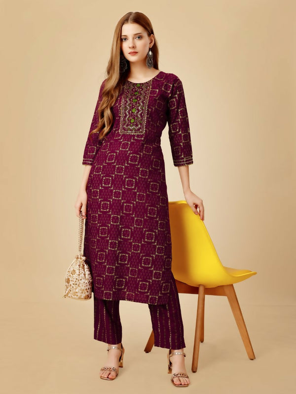 Jyoti Fashion Women's Wine Viscose Rayon Embroidered Kurta Pant Set - Distacart