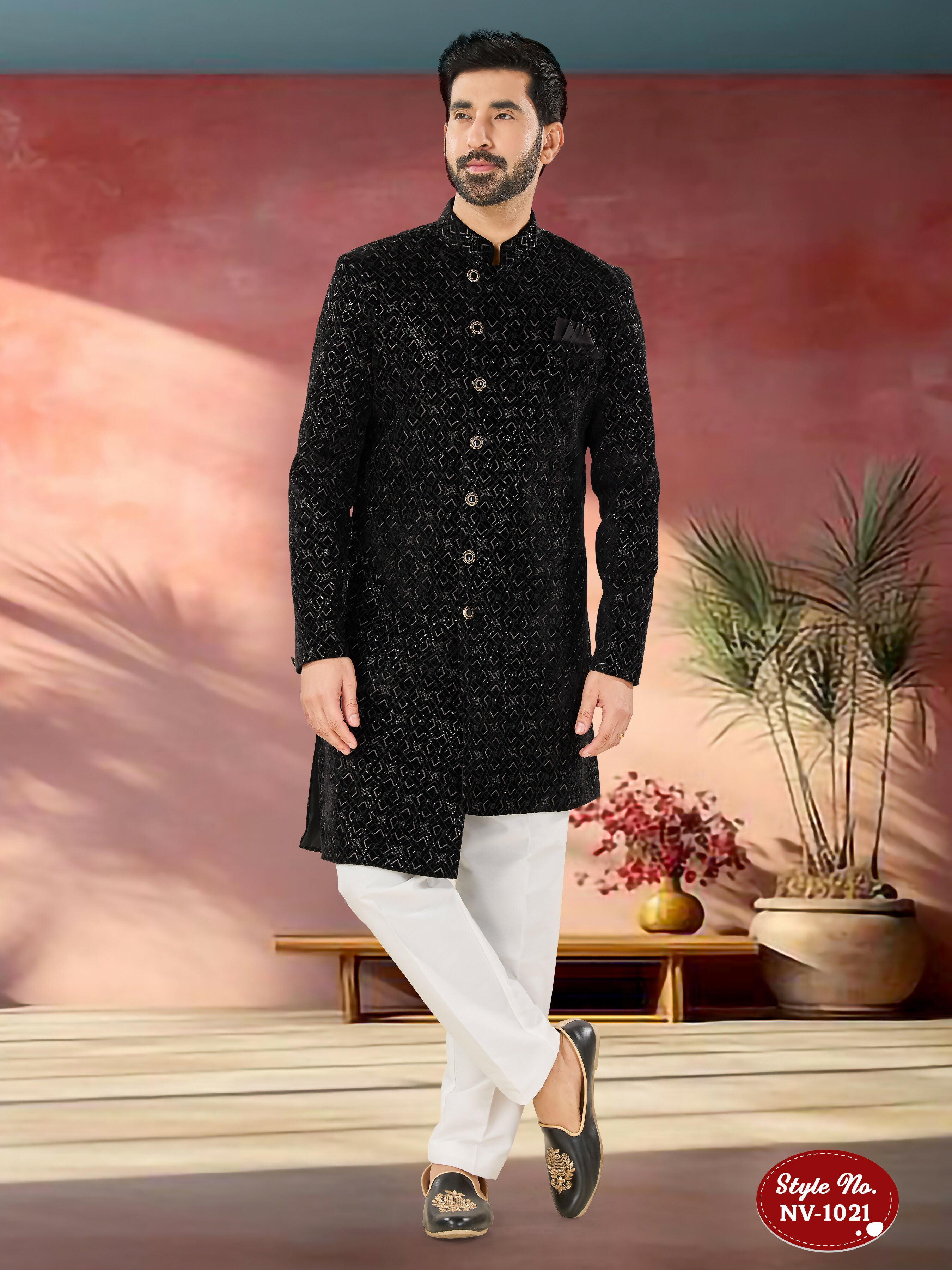 Joban Fashion Men's Black Base Straight Velvet Thread And Sequence Embroidary All Over Indo-Western Kurta Set - Distacart