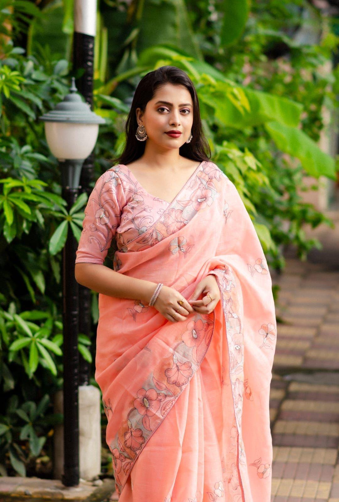 Pink Pure Linen Ethnic Motifs Saree with Unstitched Blouse - A2M - Distacart