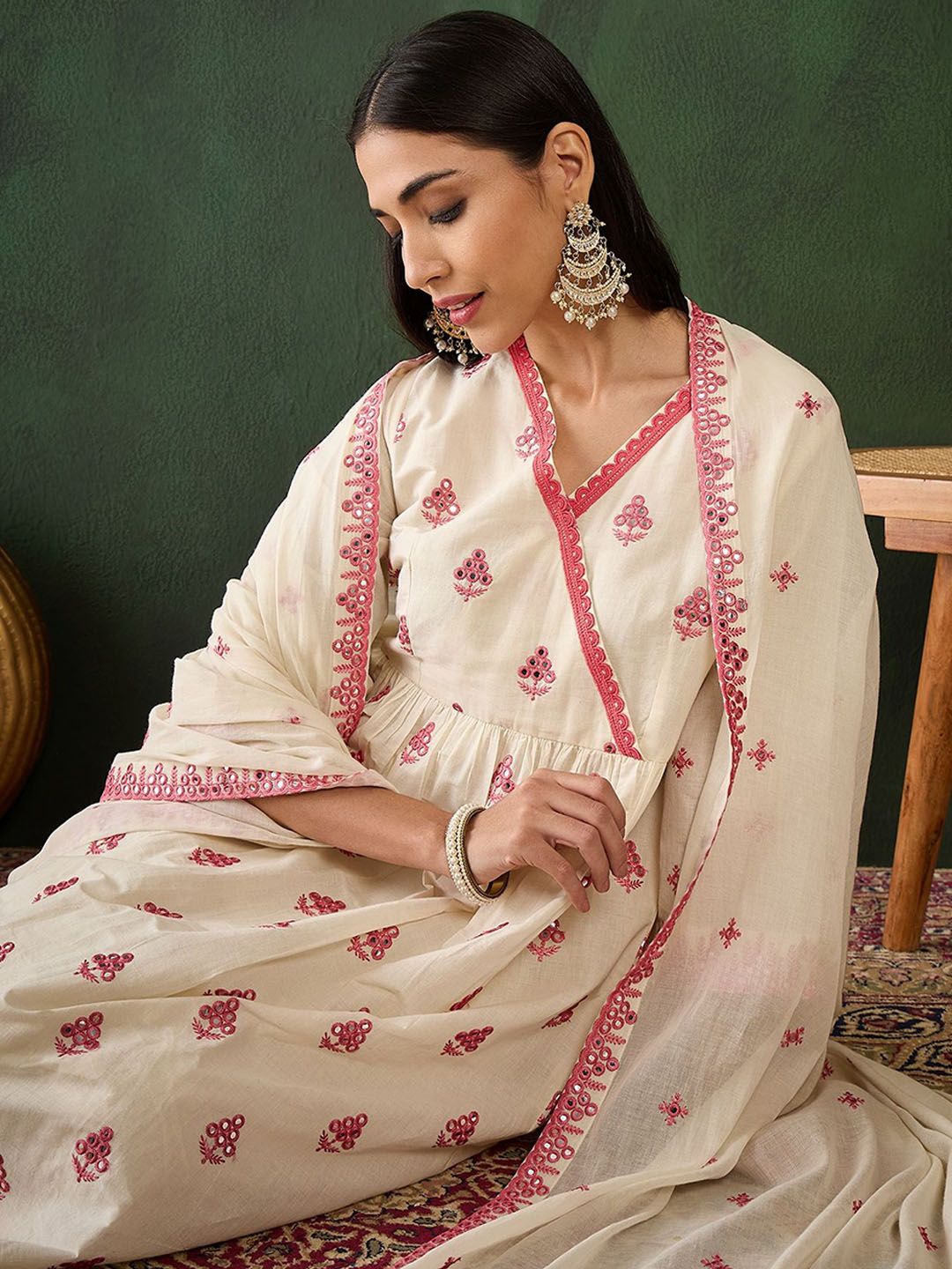 Sangria Off White Floral Embroidered Pure Cotton Mirror Work Kurta & Trouser With Dupatta - Distacart