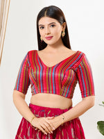 Thumbnail for Joban Fashion Pink Multi Brocade Padded Blouse With V Neck Elbow Sleeves - Distacart