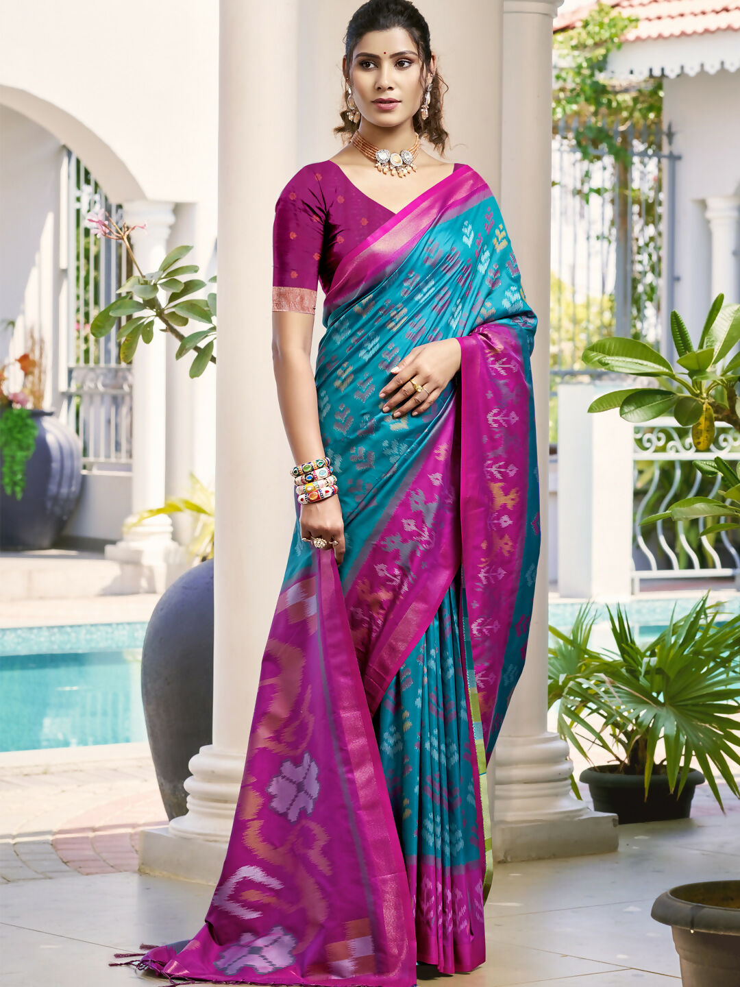 Astita Pochampalli Silk Sky Blue Saree