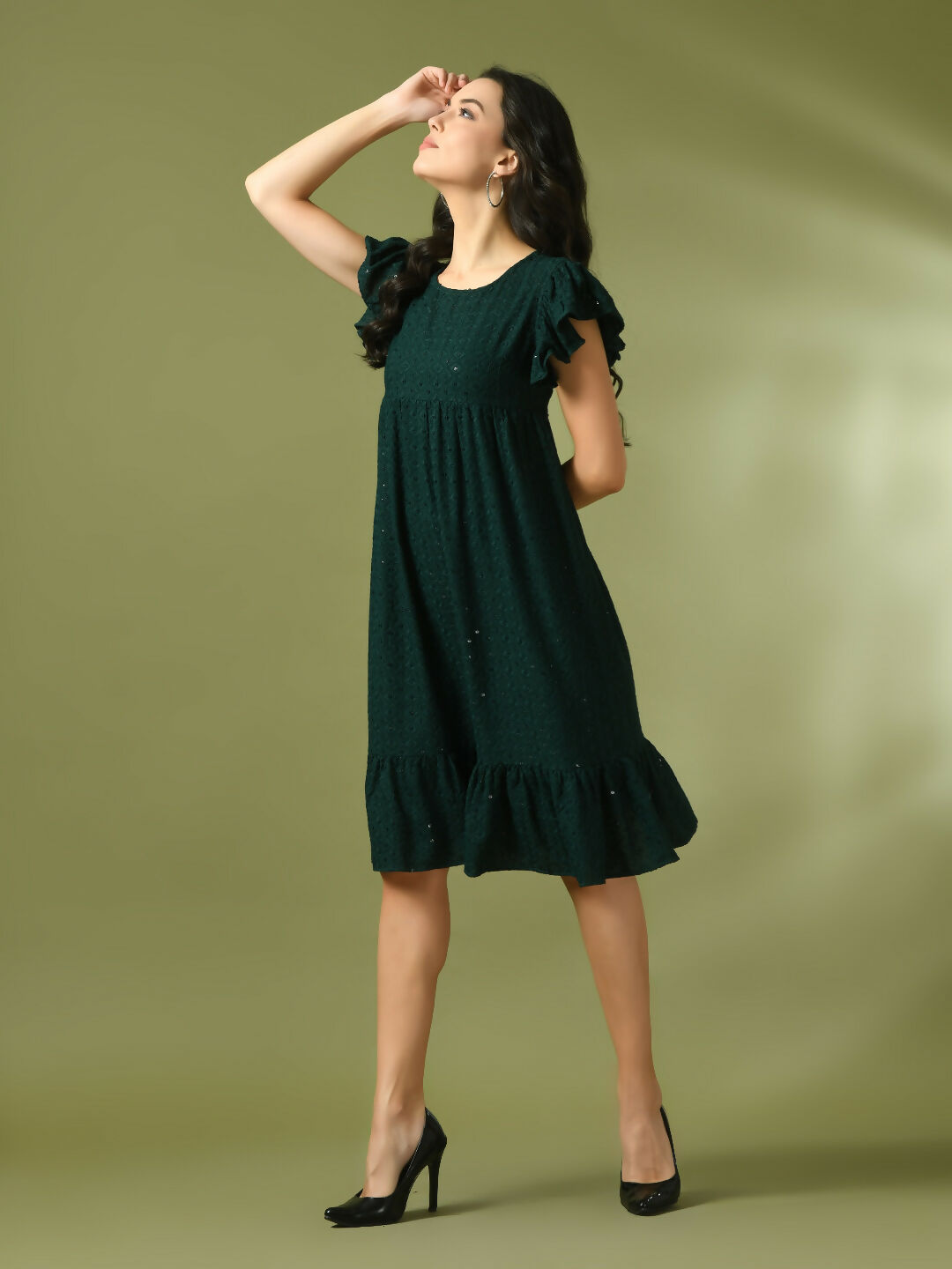 Myshka Women's Green Embroidered Cotton Round Neck A-Line Party Dress - Distacart