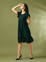 Thumbnail for Myshka Women's Green Embroidered Cotton Round Neck A-Line Party Dress - Distacart