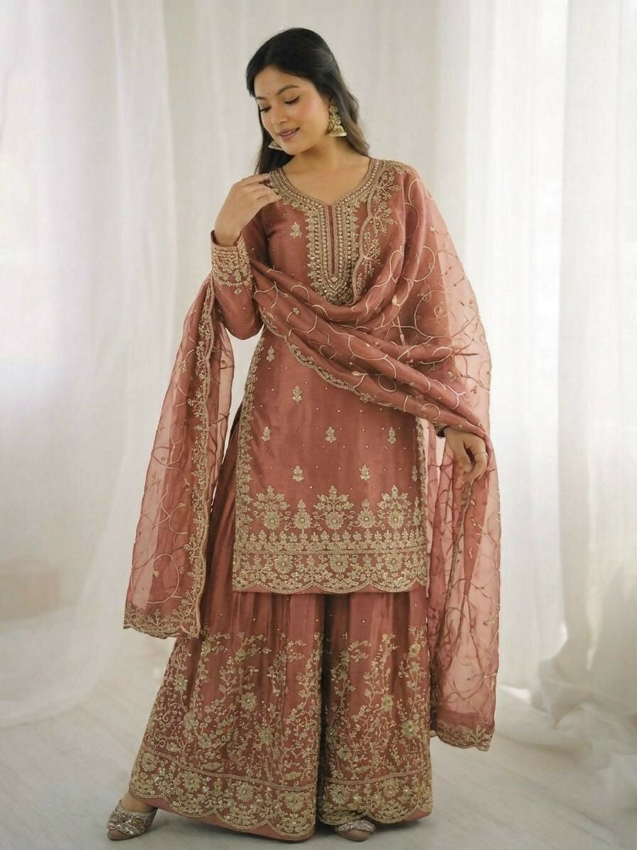 Teeya Creation Peach Color Gymmi Silk Embroidery Work Wedding Wear Sharara Set - Distacart