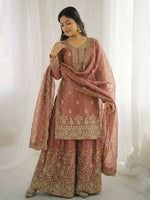Thumbnail for Teeya Creation Peach Color Gymmi Silk Embroidery Work Wedding Wear Sharara Set - Distacart