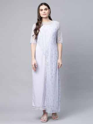 Ahalyaa Womens Blue Crepe & Net Silver Glitter Print Jumpsuit - Distacart