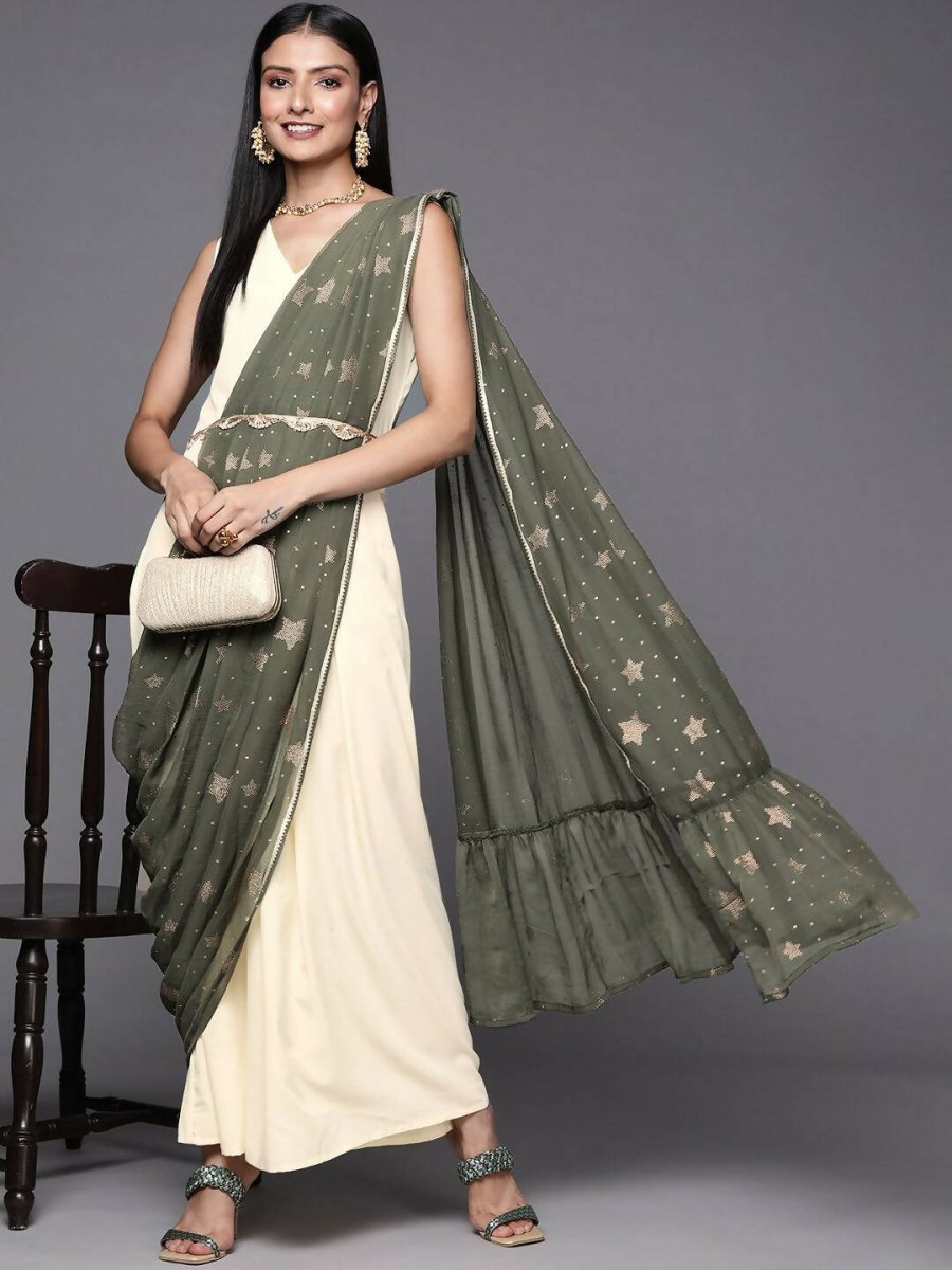 Ahalyaa Off White & Olive Green Ethnic Maxi Dress with Attached Dupatta - Distacart