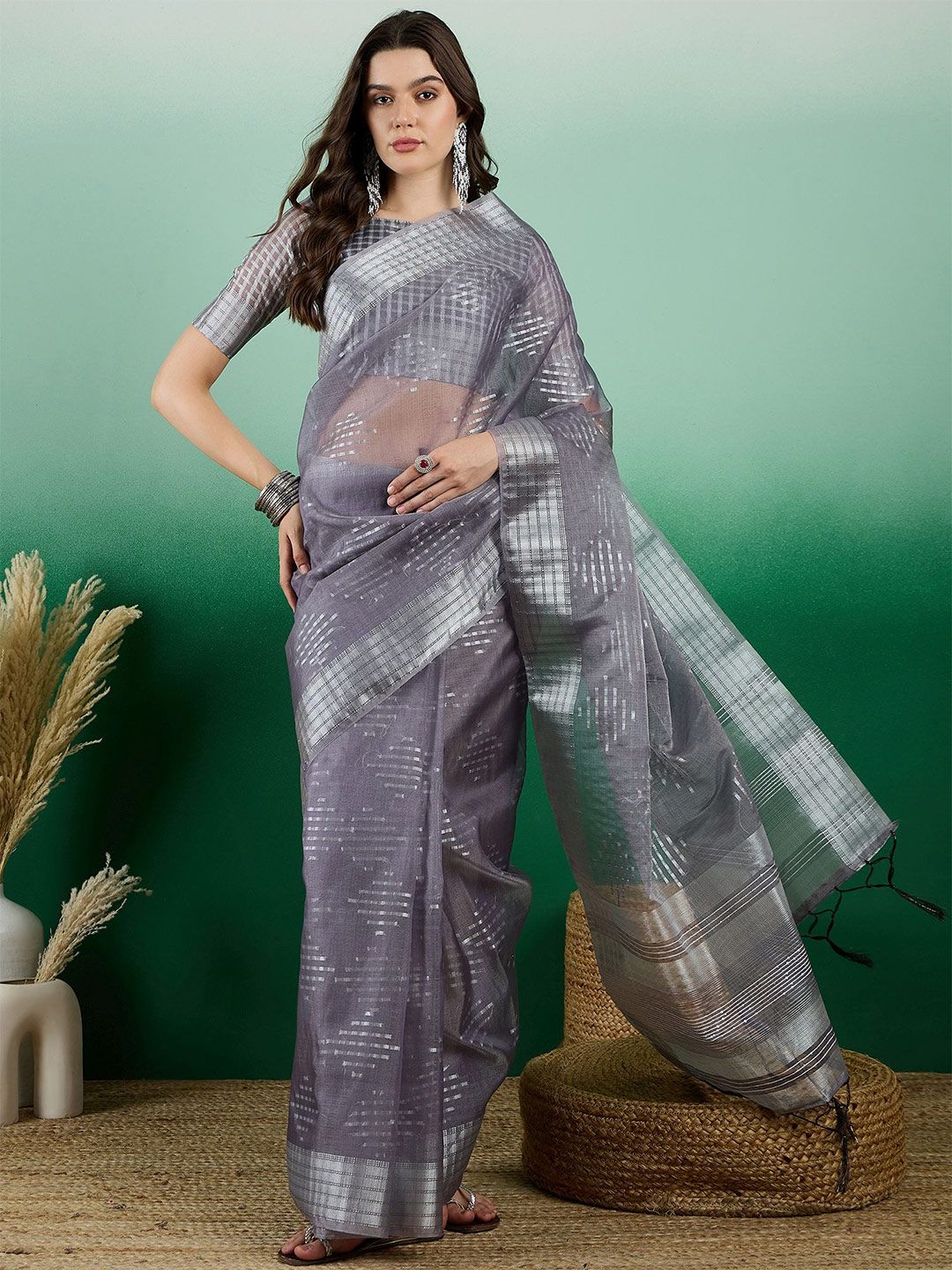 Mitera Striped Zari Organza Banarasi Saree - Distacart