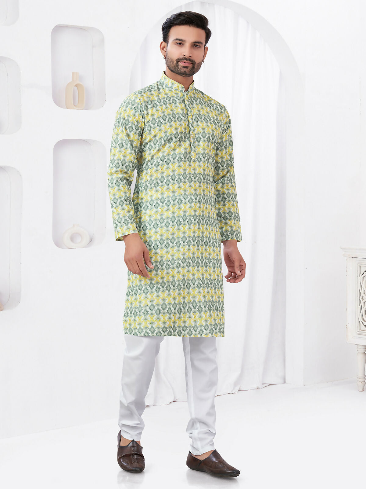 Joban Fashion Men's Rayon Cotton YELLOW Printed Kurta Pyjama set - Distacart