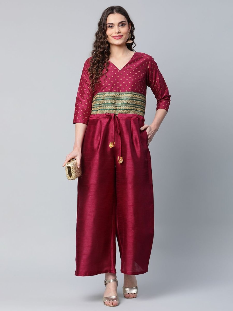 Ahalyaa Womens Burgundy crepe Printed Jumpsuit