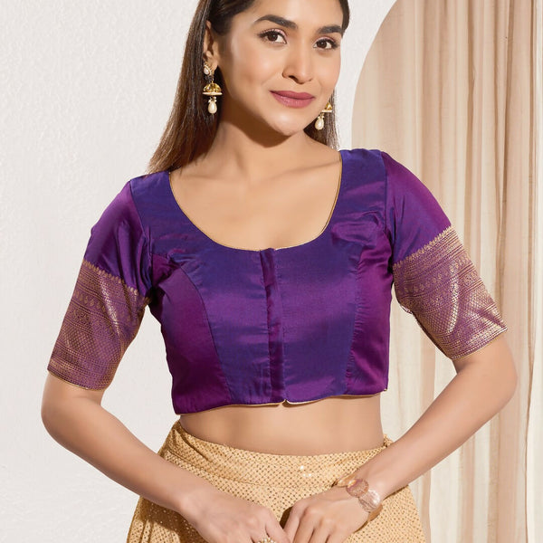 Joban Fashion Brinjal Tafeta Silk Padded Blouse With Round Neck Elbow Sleeves - Distacart