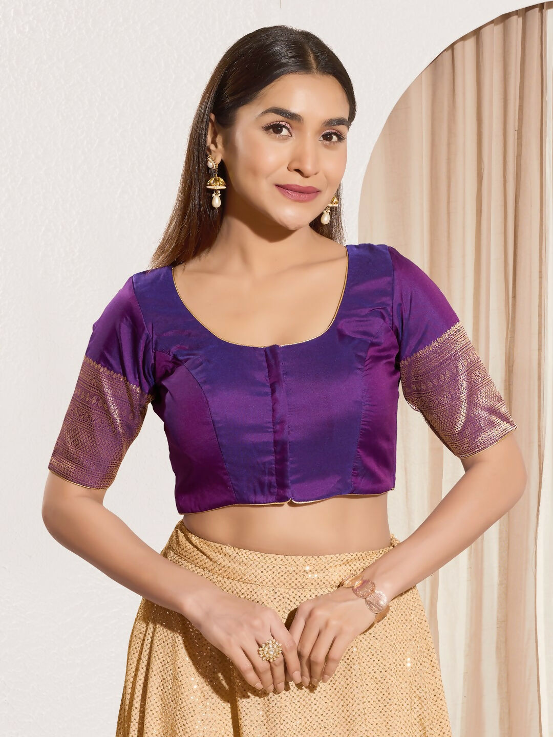 Joban Fashion Brinjal Tafeta Silk Padded Blouse With Round Neck Elbow Sleeves