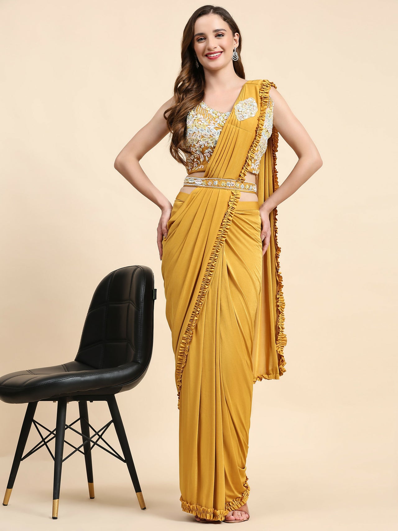 Yellow Lycra Solid Ready to wear Saree with stitched Blouse - Vanita - Distacart