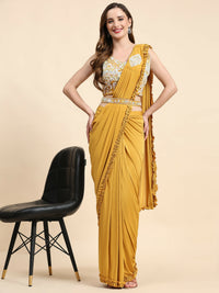 Thumbnail for Yellow Lycra Solid Ready to wear Saree with stitched Blouse - Vanita - Distacart