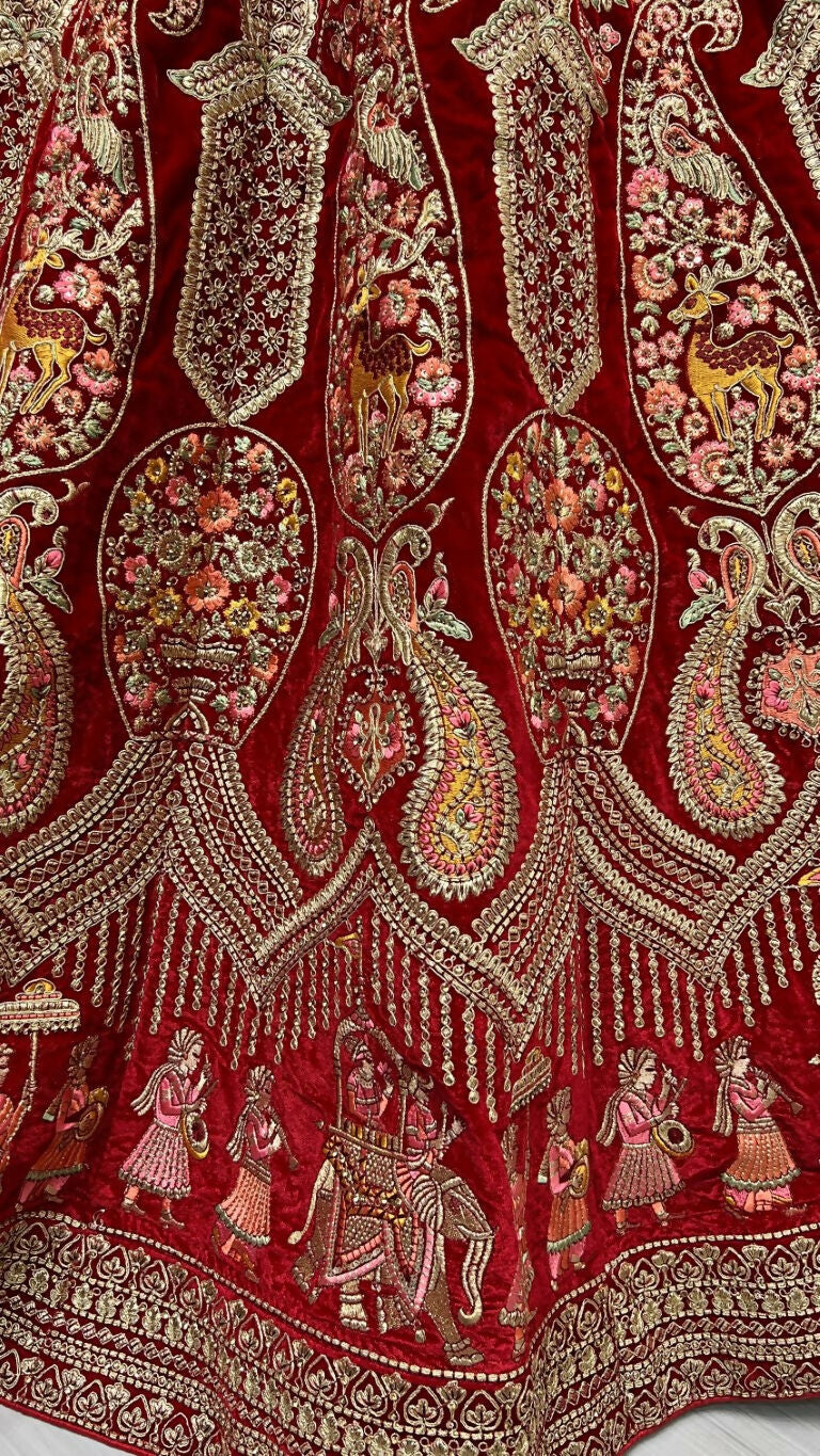 Jyoti Fashion Women's Red Velvet Multi Thread Embroidered with Zircon Diamond Work Wedding Lehenga Choli - Distacart