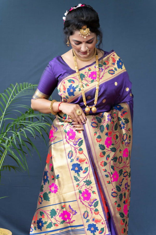 Jyoti Fashion Women's Purple Paithani Silk Zari Woven Saree with Blouse - Distacart
