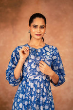 Thumbnail for Joban Fashion Blue Floral Hand Block Printed Cotton Kurta Pant Set - Distacart