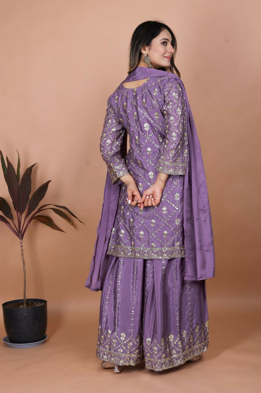 Joban Fashion Purple Silk Embroidered Sharara Set - Distacart