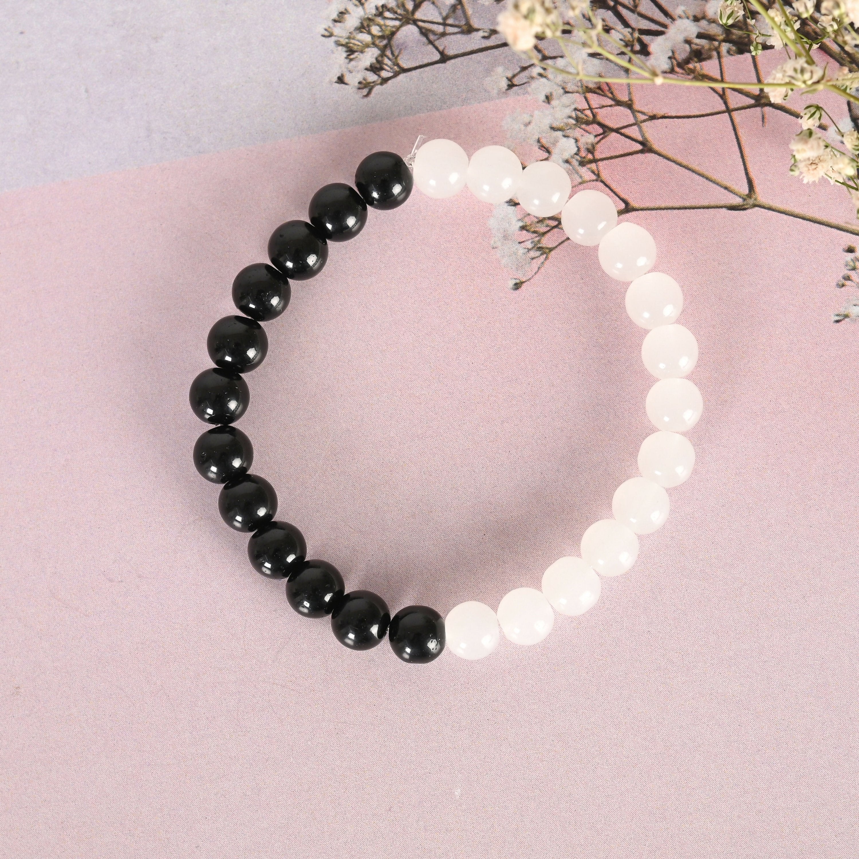 NVR Men & Women Black & White Marbel Crystal Elasticated Bracelet - Distacart