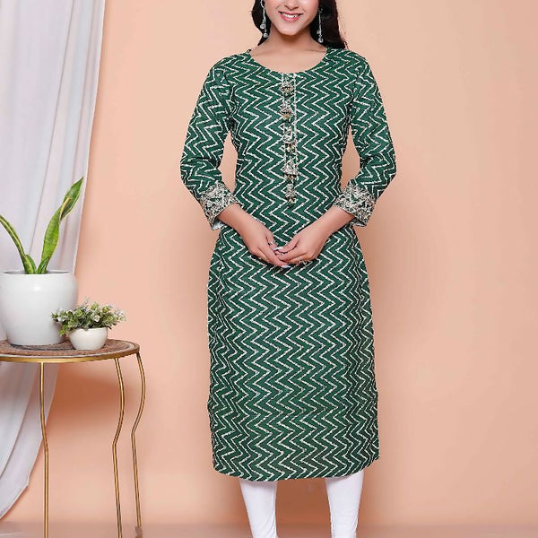 Miravan Womens Green Zigzag Print Embroidery Rayon Straight Kurta - Distacart