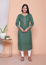 Thumbnail for Miravan Womens Green Zigzag Print Embroidery Rayon Straight Kurta - Distacart