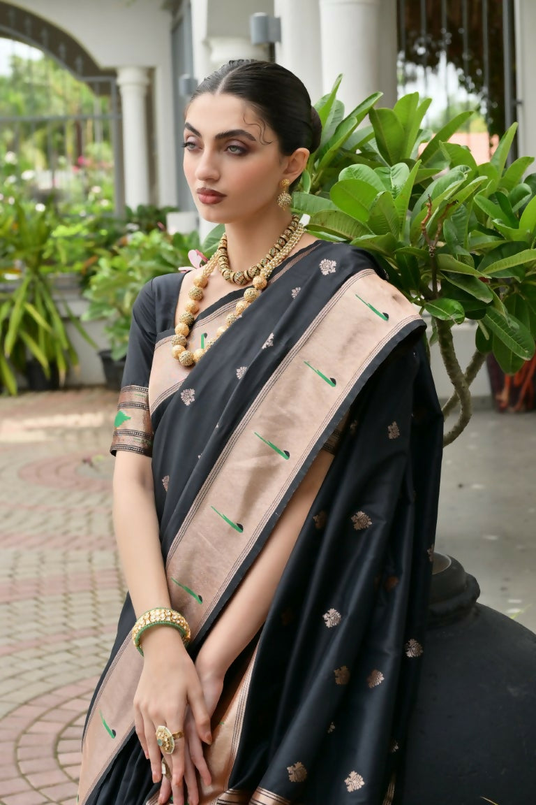 Vishnu Weaves Women's Black Paithani Silk Zari Woven Saree with Blouse