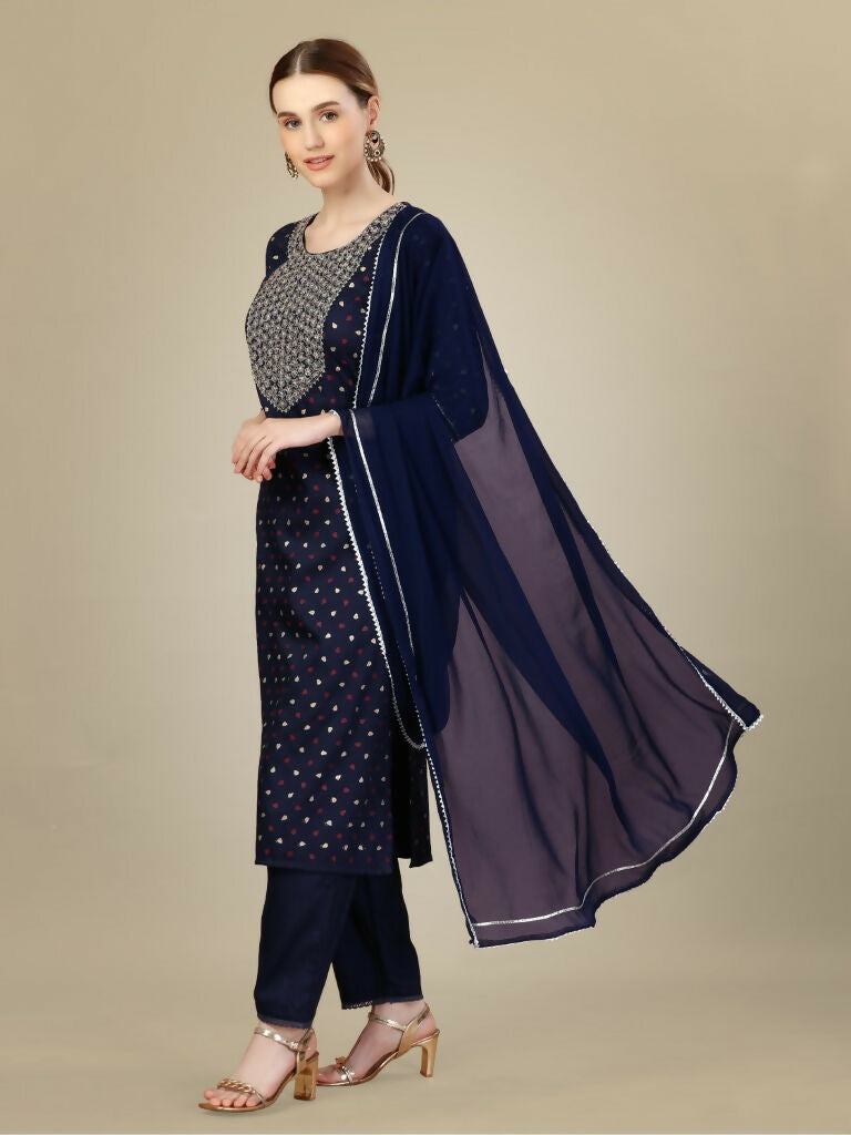 Jyoti Fashion Women's Navy Blue Silk Blend Embroidery & Sequence work Kurta with Trouser & Dupatta - Distacart