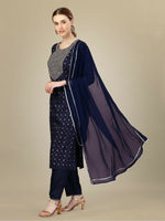 Thumbnail for Jyoti Fashion Women's Navy Blue Silk Blend Embroidery & Sequence work Kurta with Trouser & Dupatta - Distacart