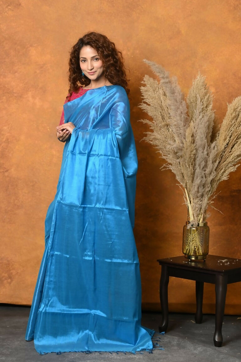 Very Much Indian Fusion Cotton Tissue Shimmer Saree - Light Blue - Distacart