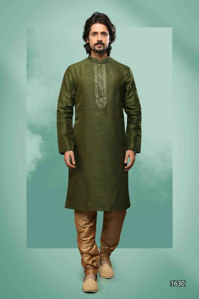 Raivat Ethnic Art Silk Mirror Embroidery Work Kurta Pajama In Green Colour - Dista