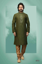 Thumbnail for Raivat Ethnic Art Silk Mirror Embroidery Work Kurta Pajama In Green Colour - Dista