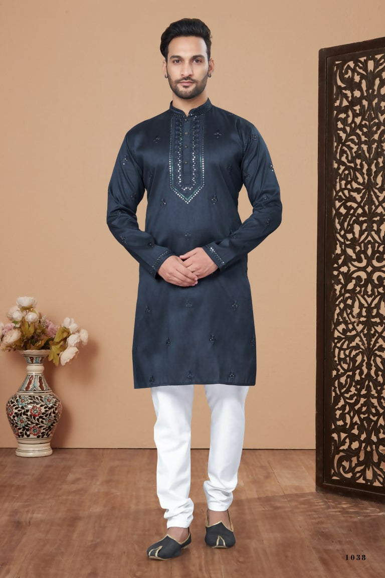 Functional Designer Men's Blue Heavy Super Silk Kurta With Pant - Rudra - Distacart