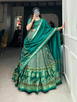 Thumbnail for Vastranavya Floral Print With Foil Print Tussar Silk Lehenga with Unstitched Blouse - Sea Green - Distacart