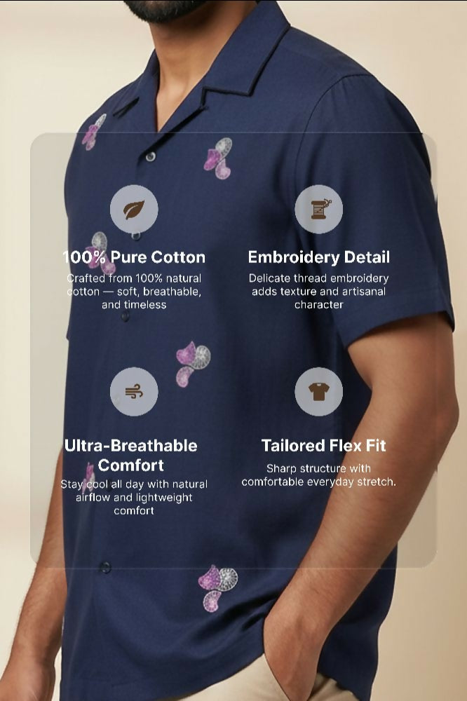 Aureole — Blue Embroidered Cotton Shirt by Hilo Design - Dista