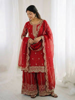 Thumbnail for Teeya Creation Red Color Fendy Silk Embroidery Work Wedding Wear Salwar Suit - Distacart