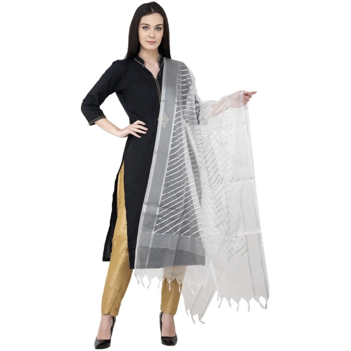 A R SILK Silver Leheriya Fancy Dupatta White Color Dupatta or Chunni
