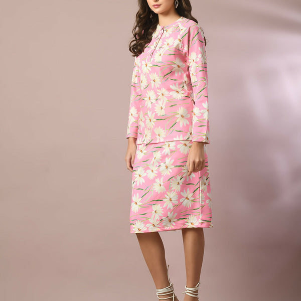 Myshka Women's Pink Printed Round Neck Party Top With Skirt Co-ord set - Distacart
