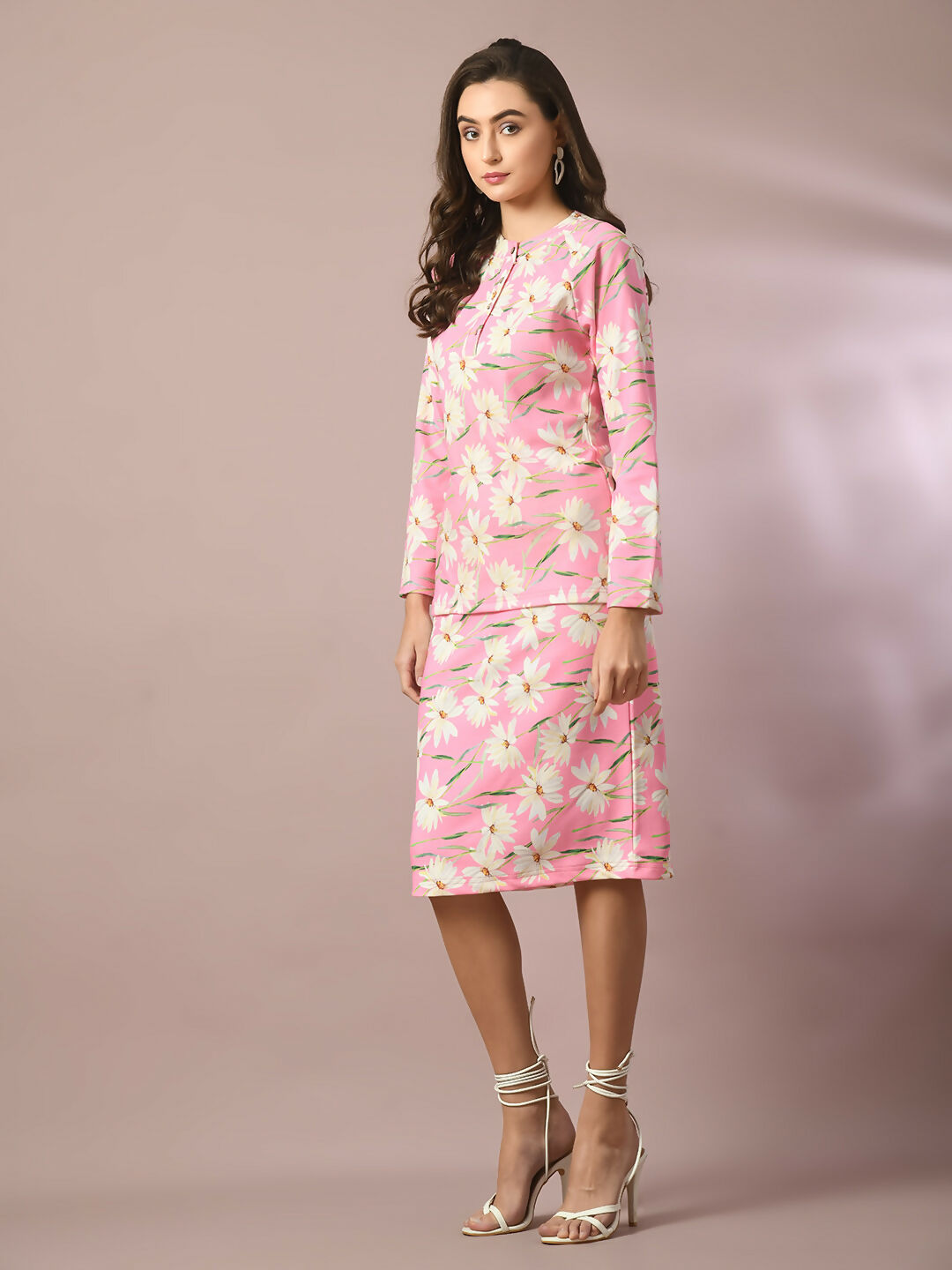 Myshka Women's Pink Printed Round Neck Party Top With Skirt Co-ord set - Distacart