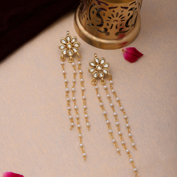 Ruby Raang Gold Long Kundan & Pearl Dangler Earrings - Distacart