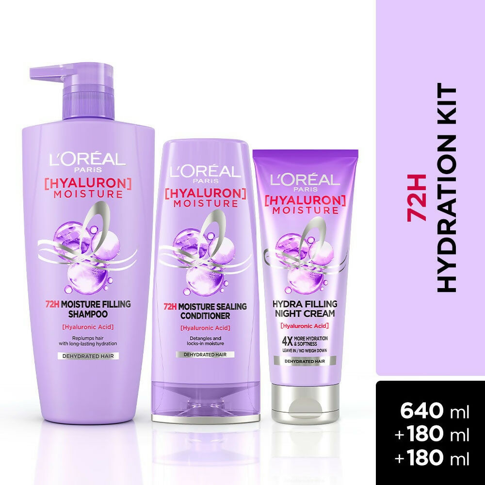 L'Oreal Paris Hyaluron Moisture Combo for 72HR Hydrated Hair Shampoo + Conditioner + Night Cream - Distacart