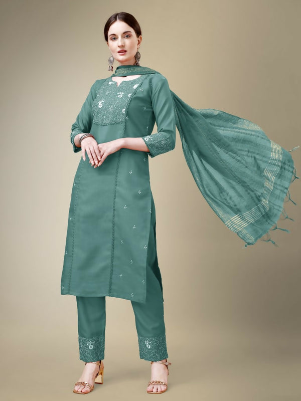 Jyoti Fashion Women's Teal Cotton Blend Embroidery & Fancy Lace work Kurta with Trouser & Dupatta - Distacart