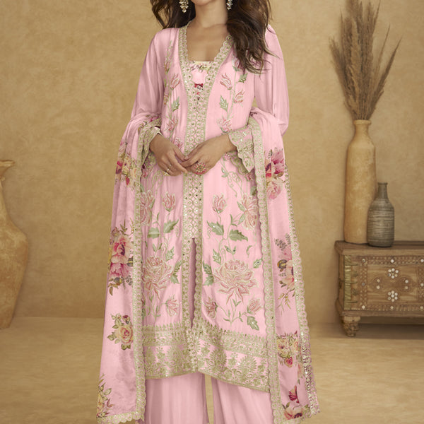 Vegaa Fashion Light Pink Floral Slit Style Designer Kurta Palazzo Suit