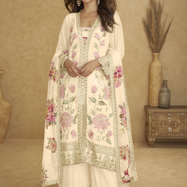 Vegaa Fashion Cream Floral Slit Style Designer Kurta Palazzo Suit